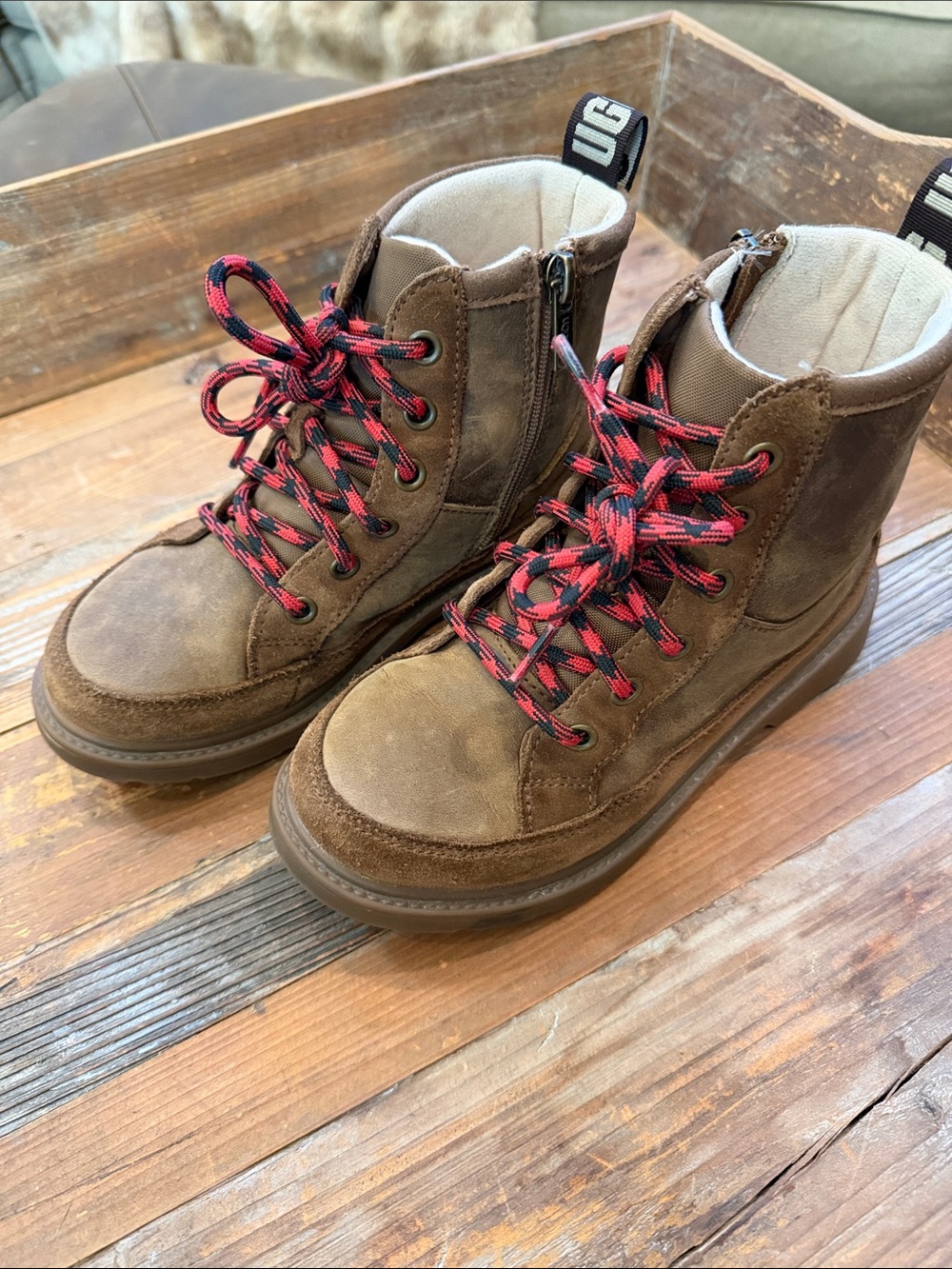 UGG Brown Suede Kids Boots with Red & Black Laces